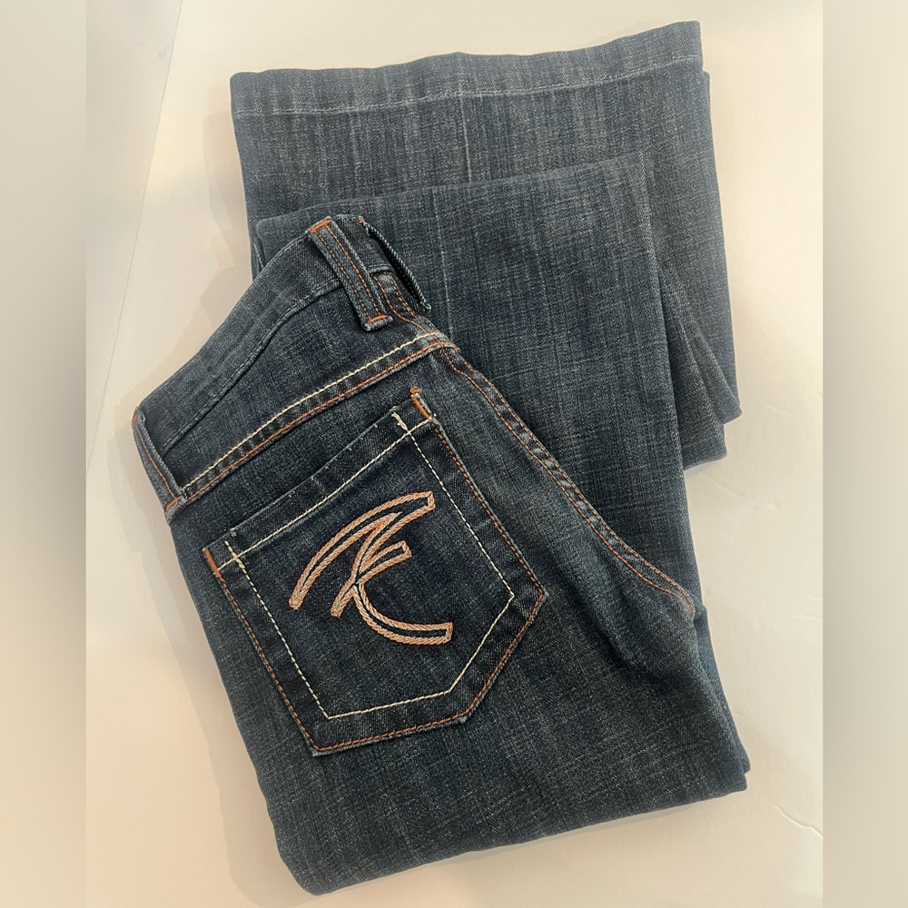 Frankie B. Low Rise, Flared. Size 2 / 36” inseam, Dark wash